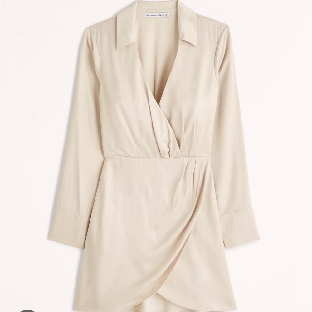 Abercrombie Long-Sleeve Satin Drapey Shirt Dress (cream)